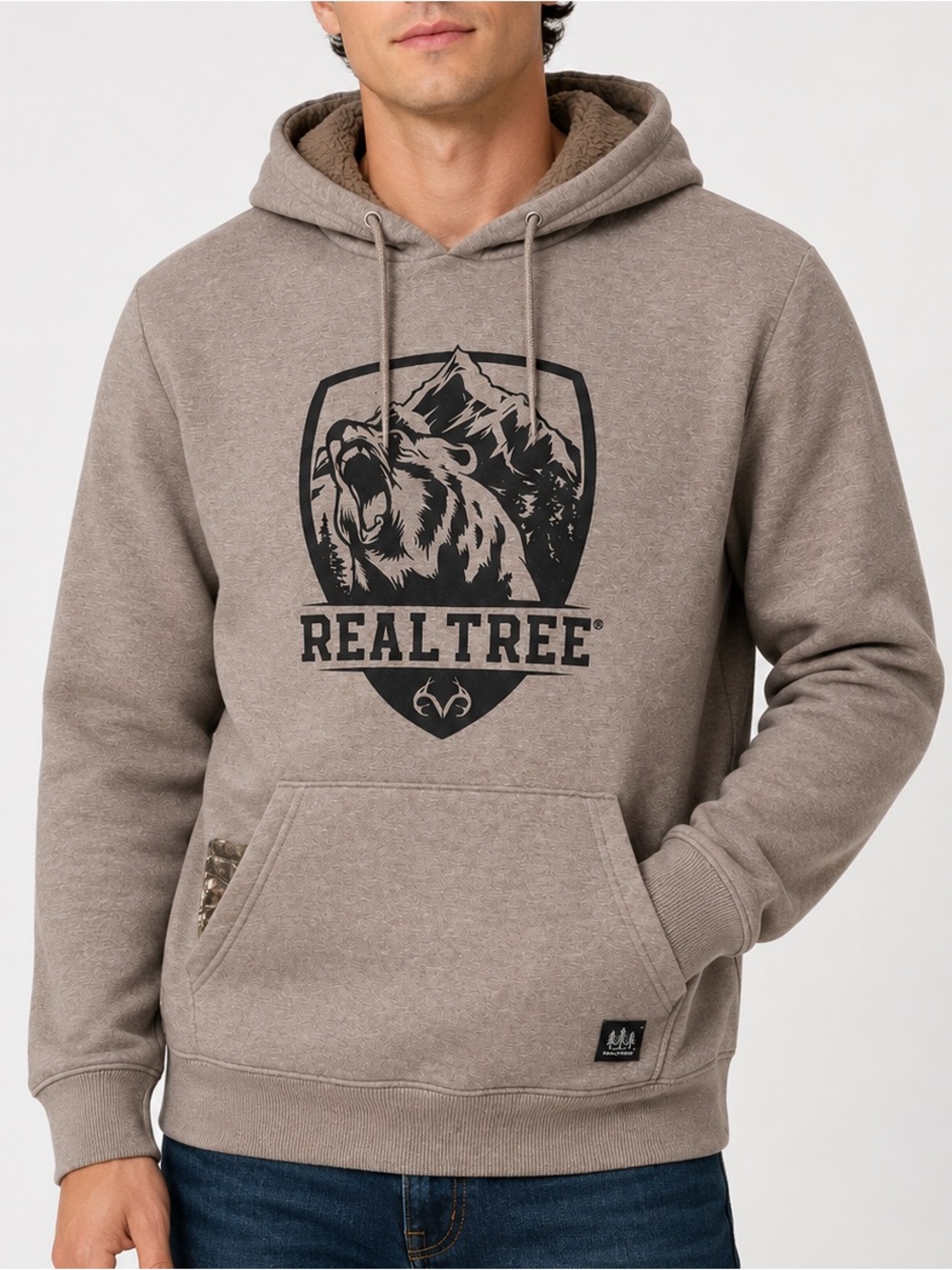 Realtree Bear Mountain Graphic Comfy Pullover Hoodie Taupe Brown Small